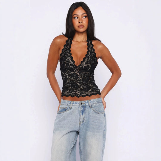 Damen Spitzen-Top mit tiefem V-Ausschnitt und raffinierten Details R&B