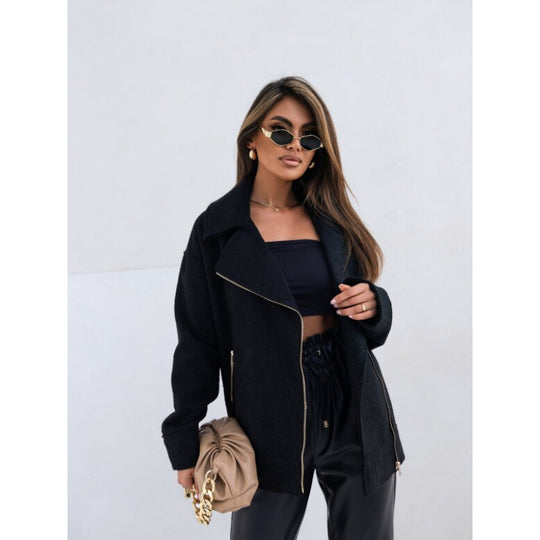 Damen elegante flauschige Bikerjacke mit goldenen Reißverschlussdetails R&B