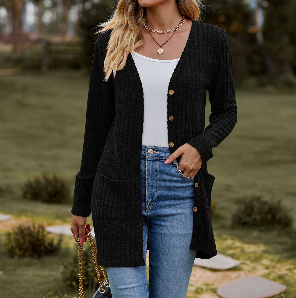 R&B | Strickjacke Wollstrick Lässige Passform Knöpfe Rippstrick mit Taschen