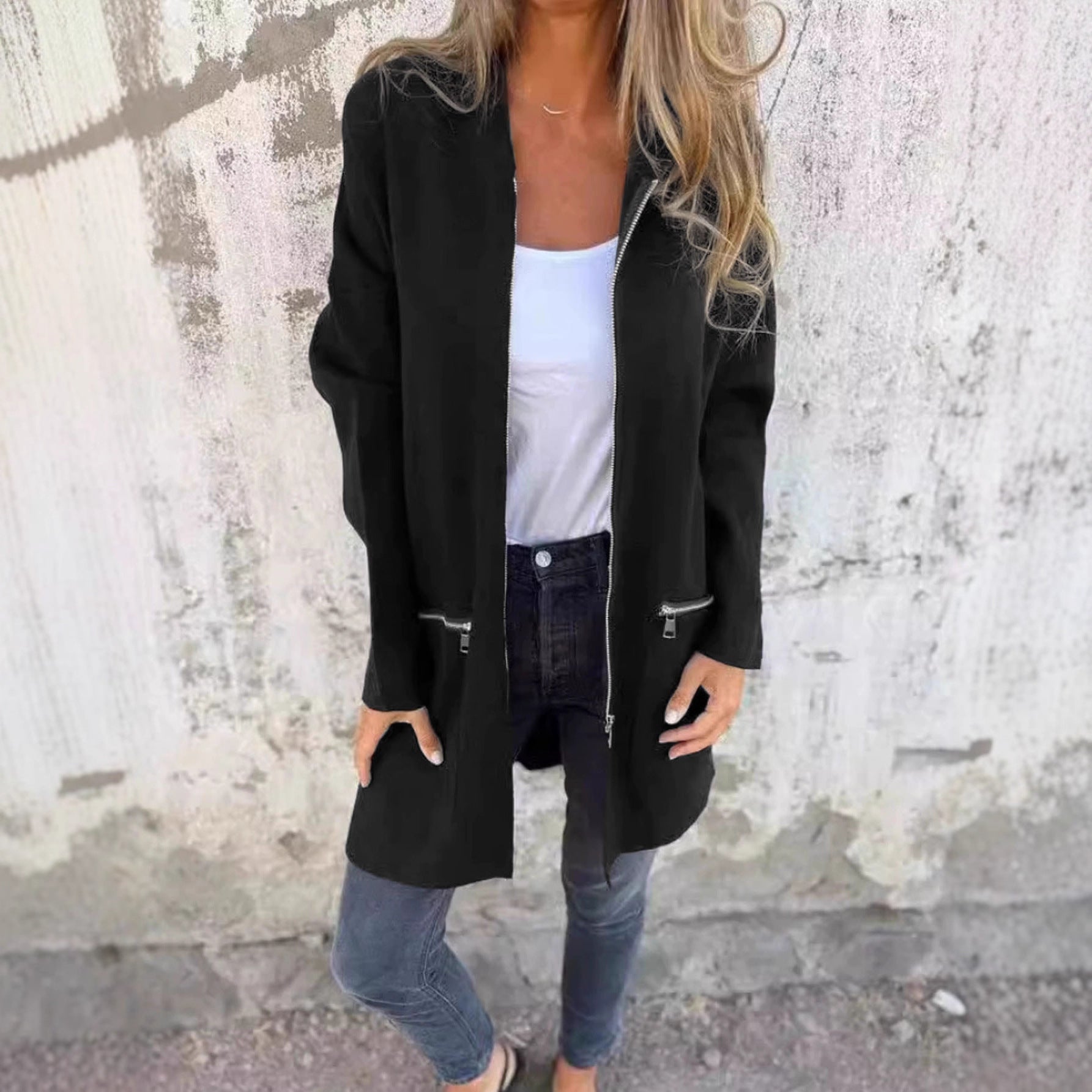 Damen Lange Strickjacke mit durchgehendem Reißverschluss und praktischen Taschen R&B