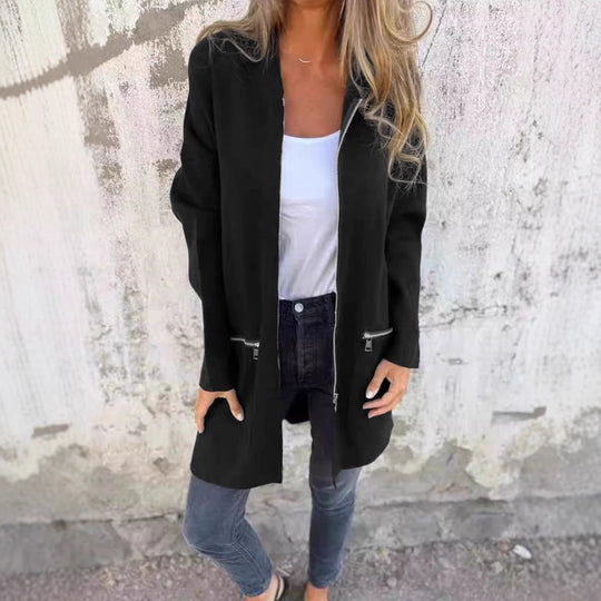 Damen Lange Strickjacke mit durchgehendem Reißverschluss und praktischen Taschen R&B