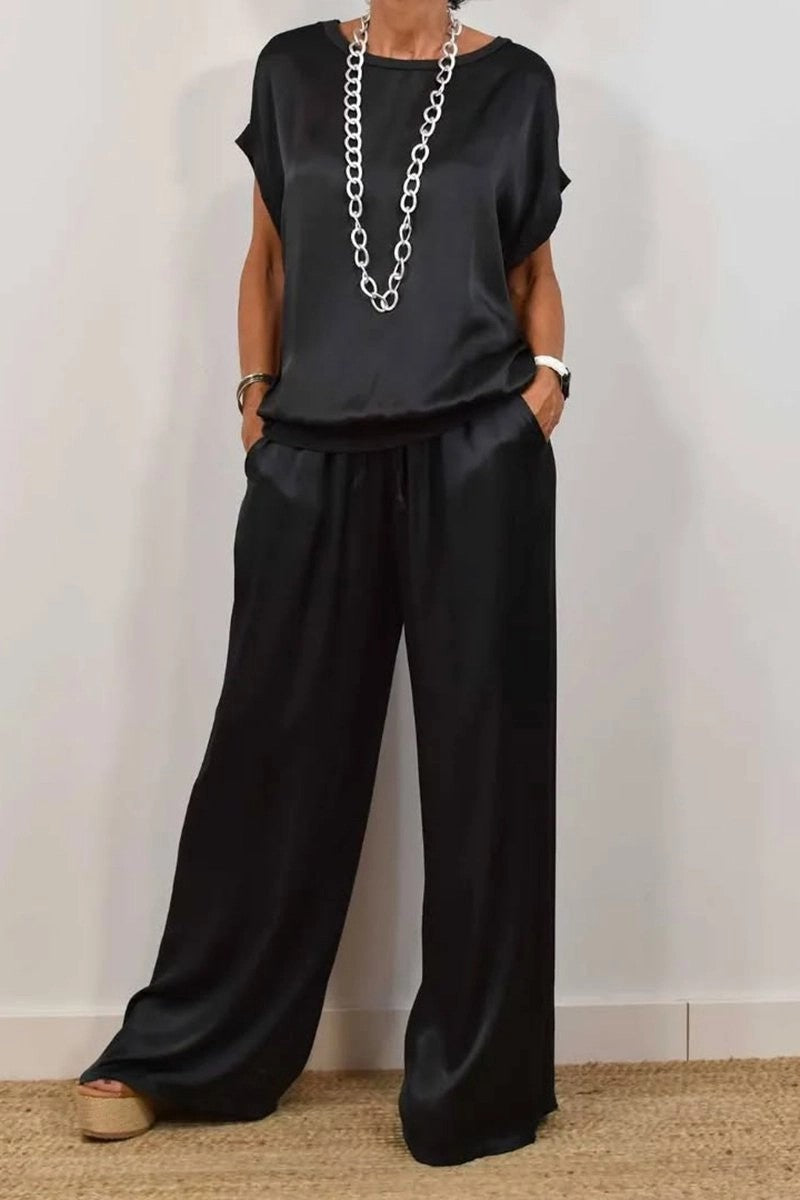 Damen Elegantes Satin Lounge-Set mit weitem Schnitt und lässigem Oberteil R&B