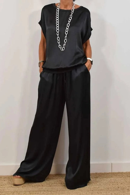 Damen Elegantes Satin Lounge-Set mit weitem Schnitt und lässigem Oberteil R&B