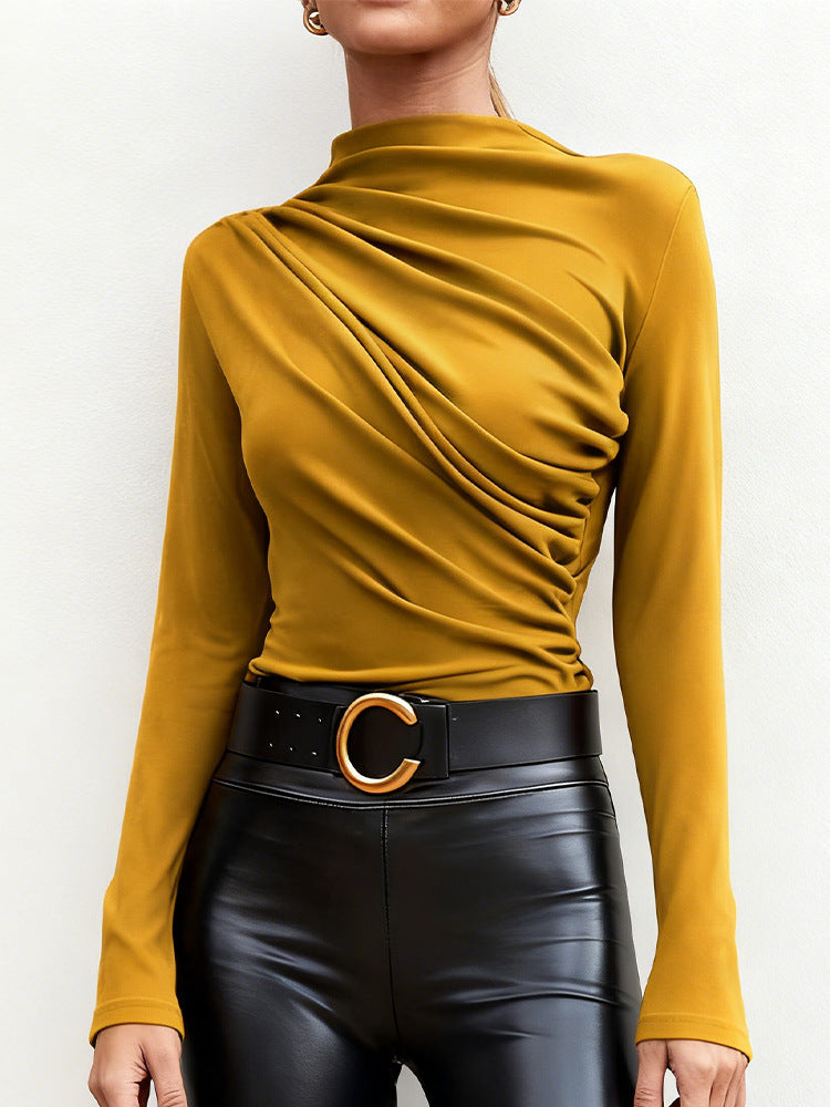 Damen elegantes Langarmshirt mit luxuriösem Drapierungsdesign und schickem Stehkragen R&B