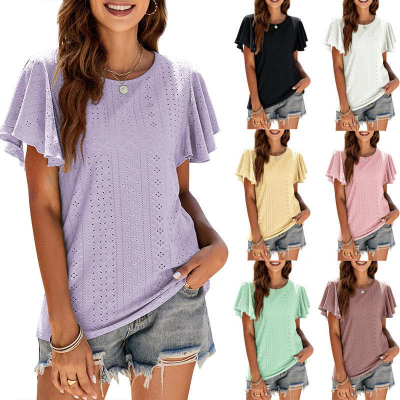 Damen T-Shirt mit eleganten Volantärmeln und durchbrochenem Design R&B