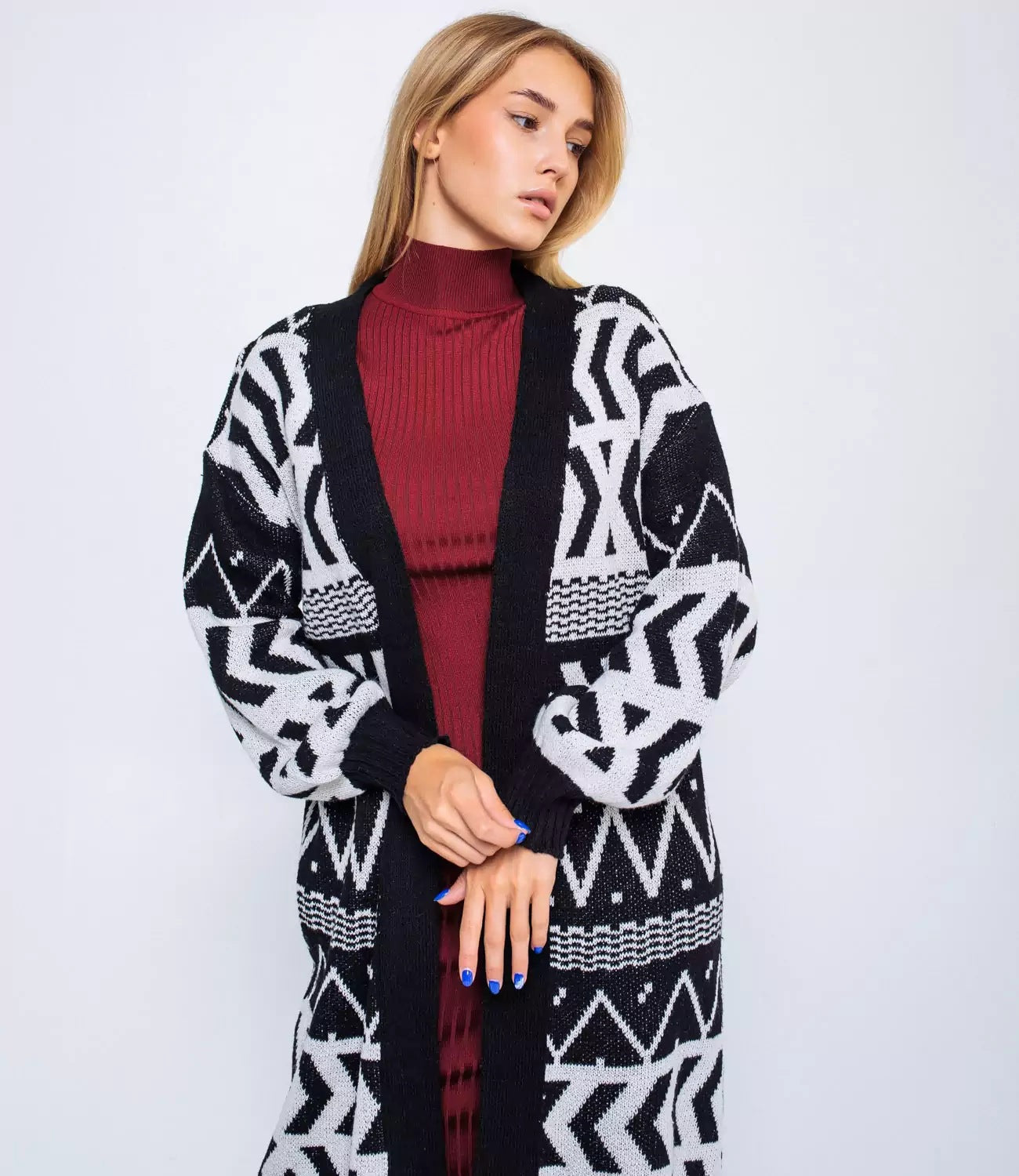 Damen Langer Strickcardigan mit geometrischem Muster und lässigem Schnitt R&B