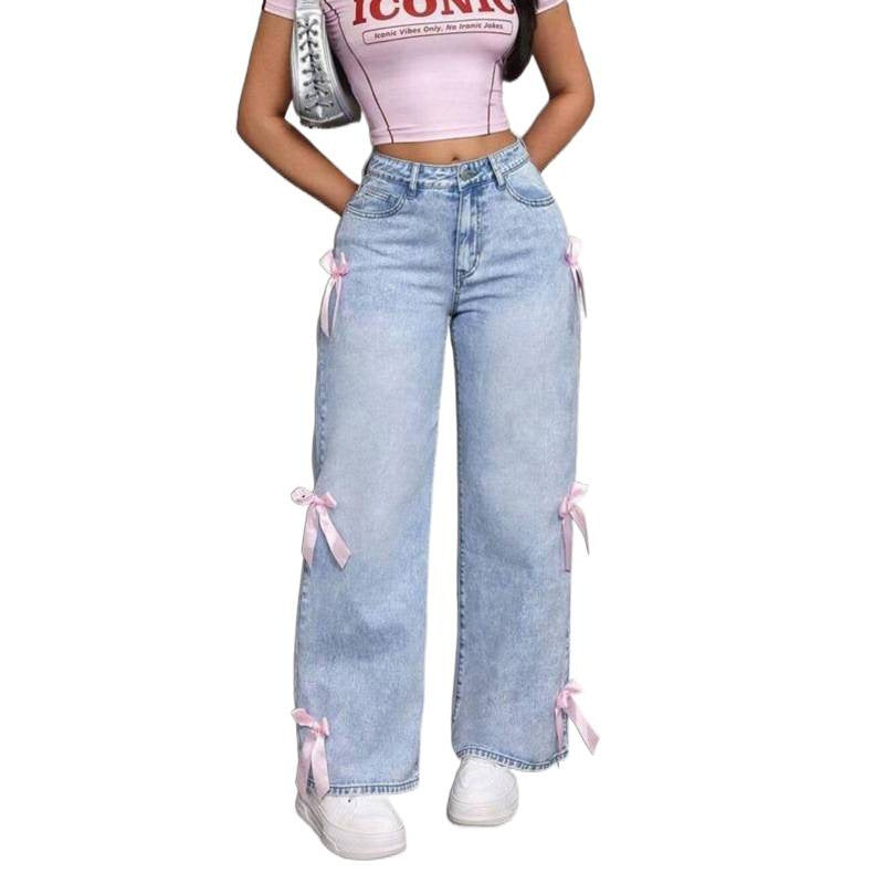 Damen Weite Jeans mit dekorativen Schleifen-Details R&B