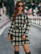 Damen Karohemdkleid mit Bindegürtel und langen Ärmeln R&B