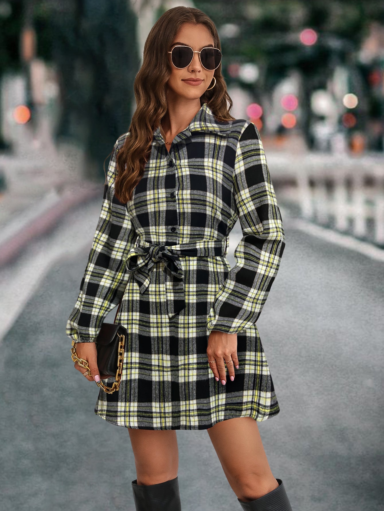 Damen Karohemdkleid mit Bindegürtel und langen Ärmeln R&B