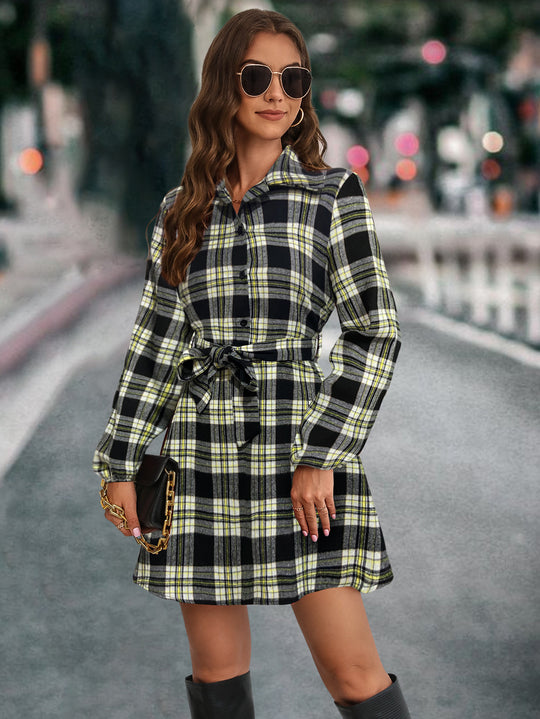 Damen Karohemdkleid mit Bindegürtel und langen Ärmeln R&B