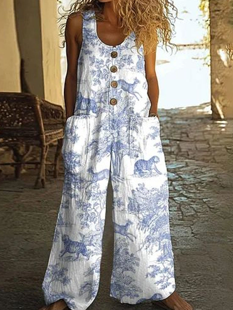 Damen Lässiger Patchwork-Jumpsuit mit Knopfdetails R&B