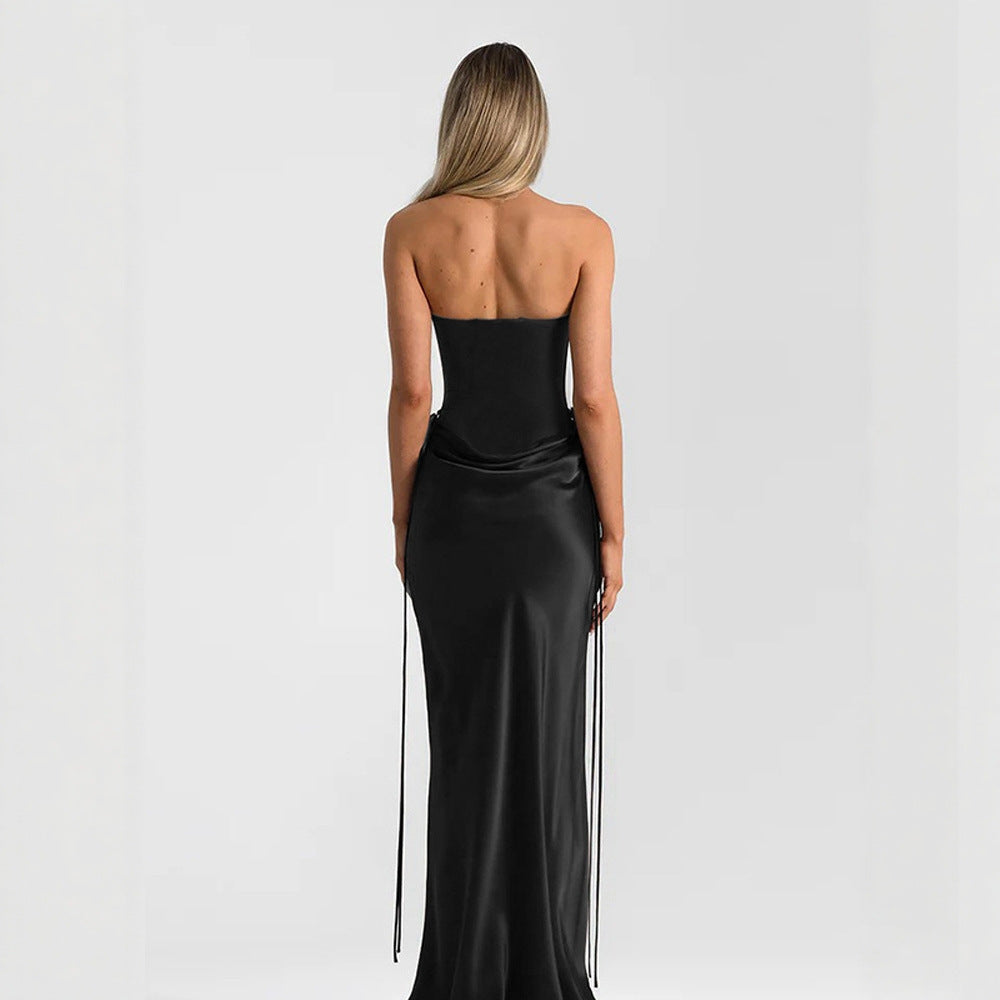 Damen elegantes figurbetontes Abendkleid mit raffiniertem Rüschendesign und verstellbaren Trägern R&B