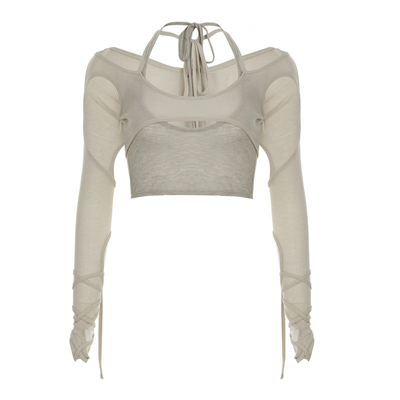 Damen Crop-Top mit raffinierten Rüschendetails und langärmligem Design R&B