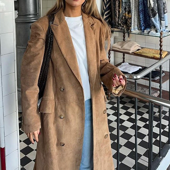 Damen Eleganter Wildleder-Trenchcoat mit doppelt geknöpftem Design R&B