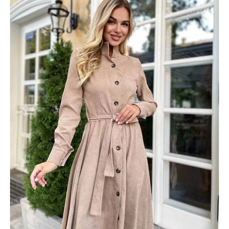 Damen Midi-Kleid mit Knopfleiste und Taillengürtel R&B