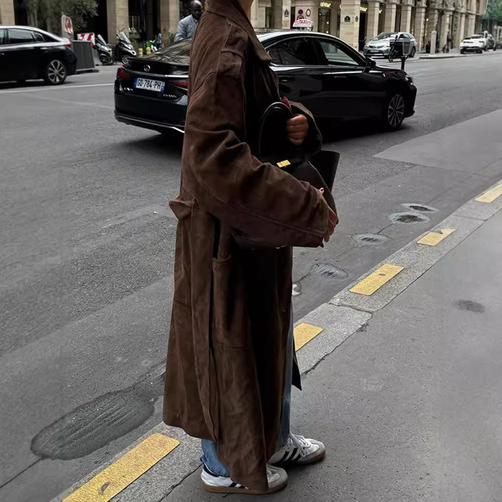 Damen Eleganter Suede-Trenchcoat mit großzügigem Schnitt R&B