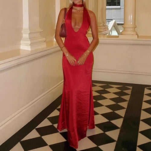 Damen Elegantes Maxikleid mit tiefem V-Ausschnitt und schmalem Bindegürtel R&B