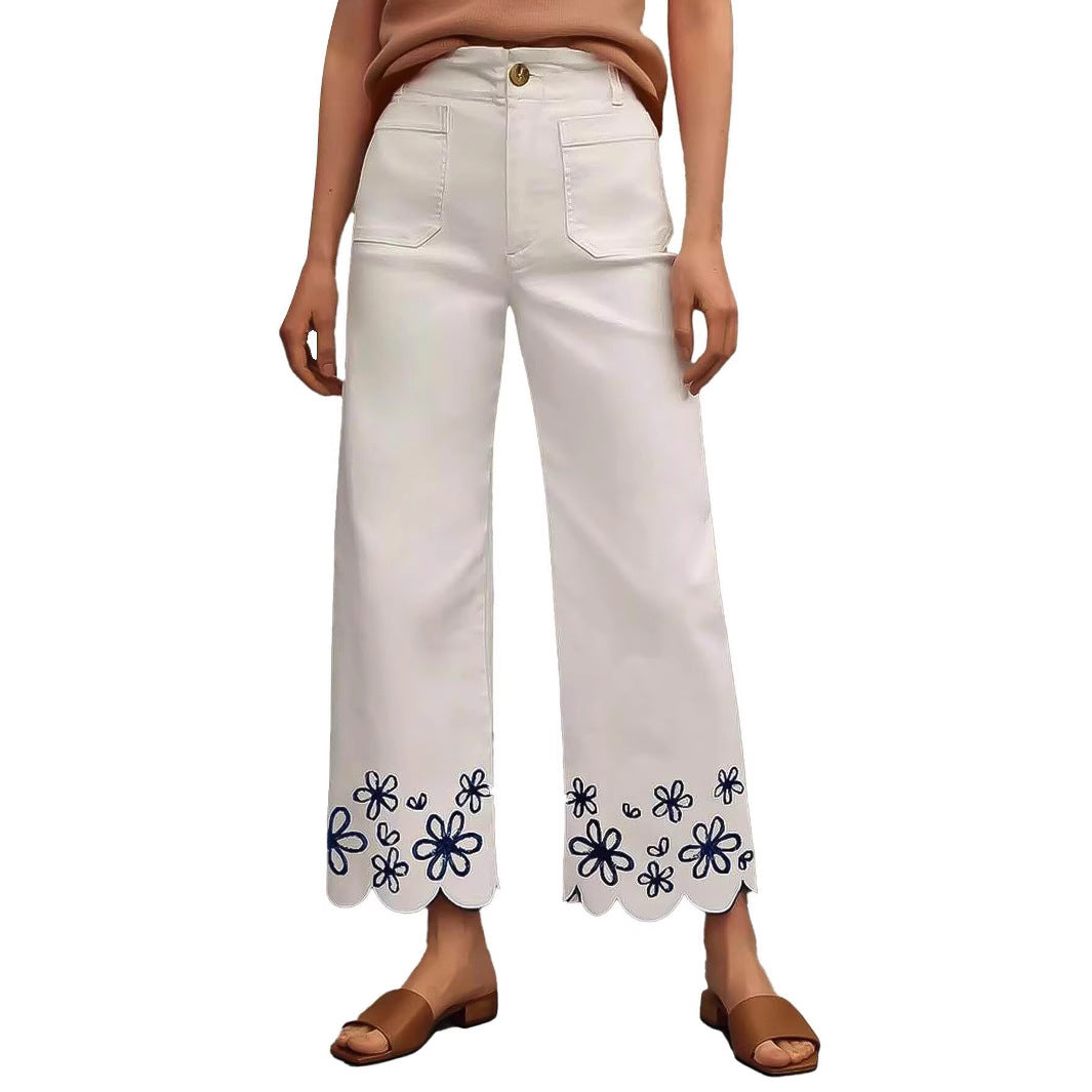 Damen Weite Culotte-Jeans mit gesticktem Blumenmuster R&B