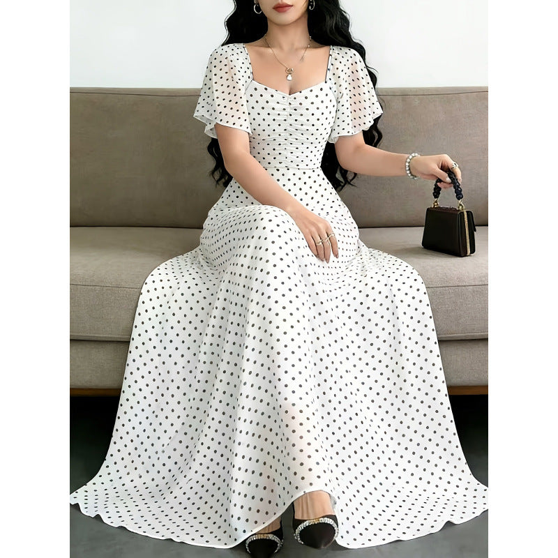 Damen Maxikleid mit voluminösen Rüschenschultern und vintage Punktedesign R&B