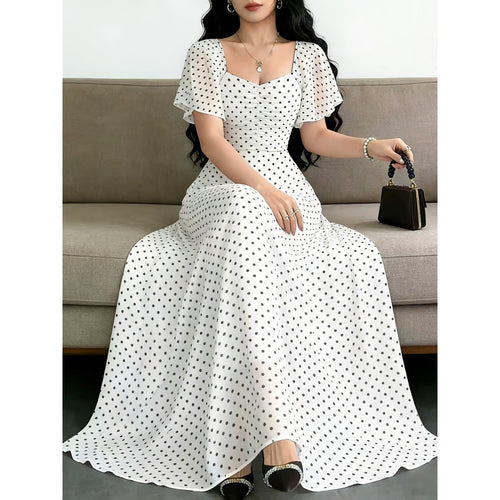 Damen Maxikleid mit voluminösen Rüschenschultern und vintage Punktedesign R&B
