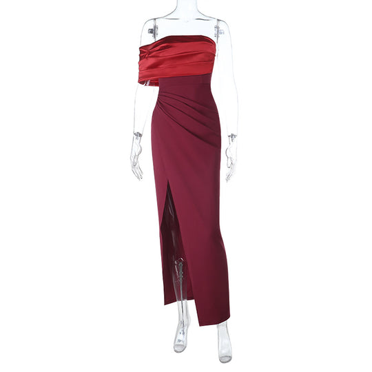 Damen schulterfreies Abendkleid mit elegantem Drapierungseffekt und hohem Schlitz R&B