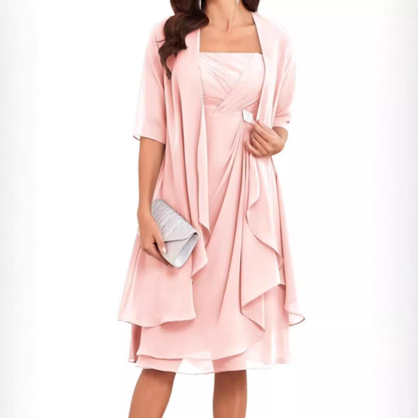 Damen festliches Maxikleid mit einem eleganten Wickeldesign und transparenter Ärmeln R&B