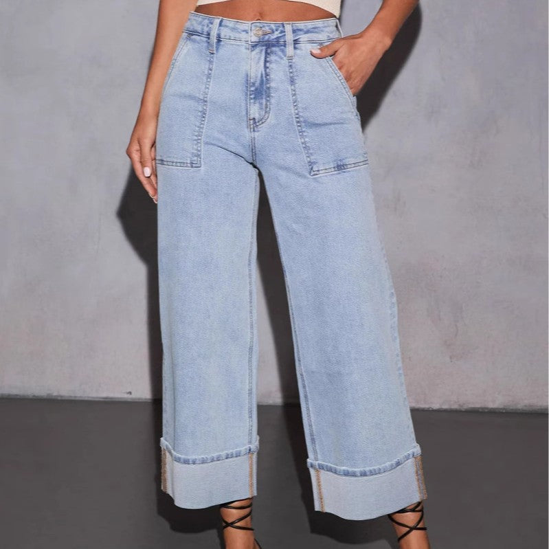 Damen Weit geschnittene Jeans mit Taschen und modischem Saum R&B