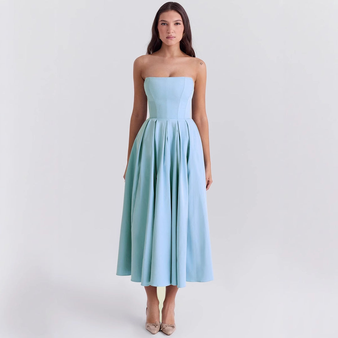 Damen Taillesenkende Midi-Kleid mit schulterfreiem Design und eleganter Faltenstruktur R&B