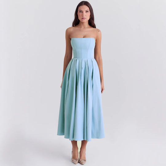 Damen Taillesenkende Midi-Kleid mit schulterfreiem Design und eleganter Faltenstruktur R&B