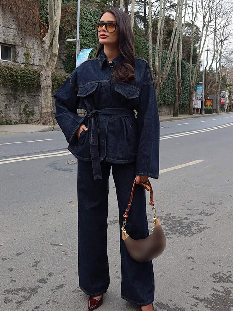 Damen lässige Denim-Jacke mit Gürtel und weitem Schnitt R&B