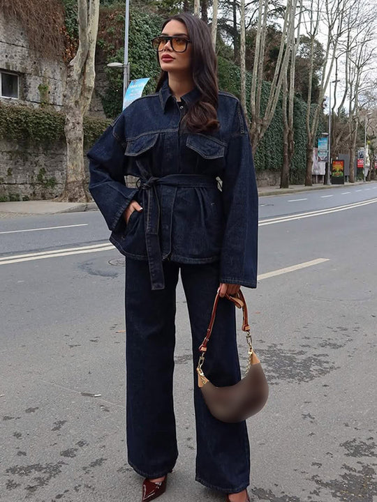 Damen lässige Denim-Jacke mit Gürtel und weitem Schnitt R&B
