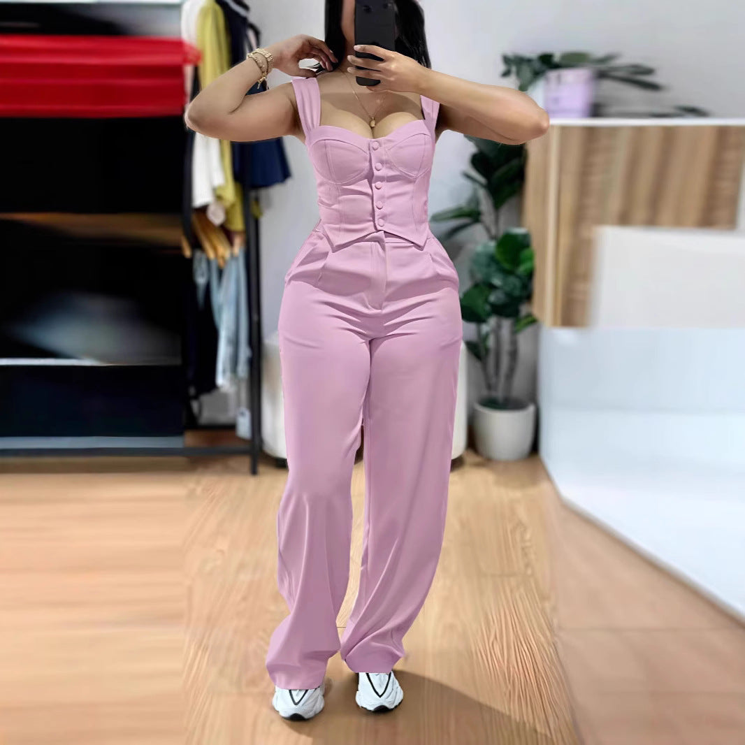 Damen Jumpsuit mit figurbetontem Oberteil und weiten Beinen R&B