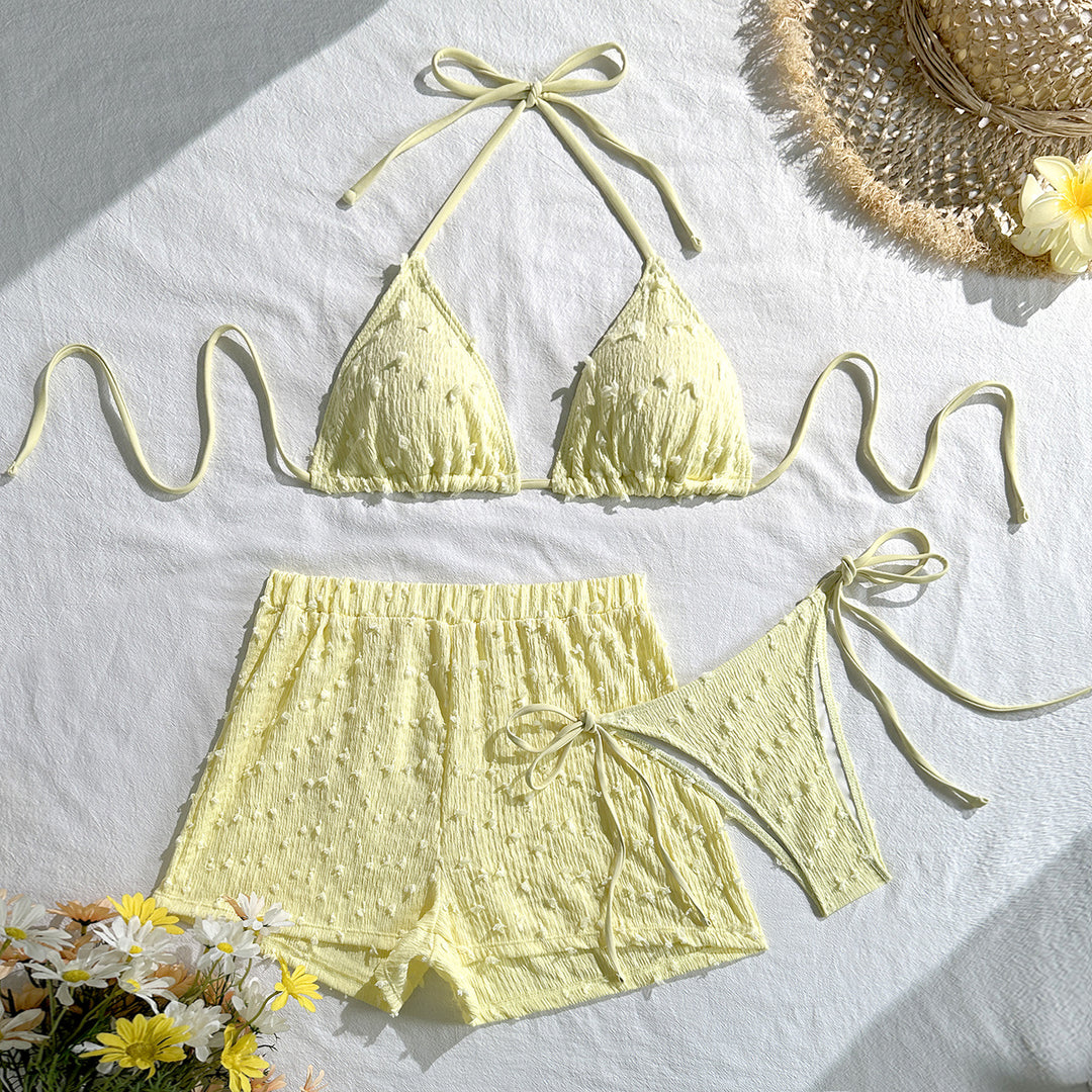 Damen Triangel-Bikini-Set mit eleganten Rüschendetails und passenden Shorts R&B