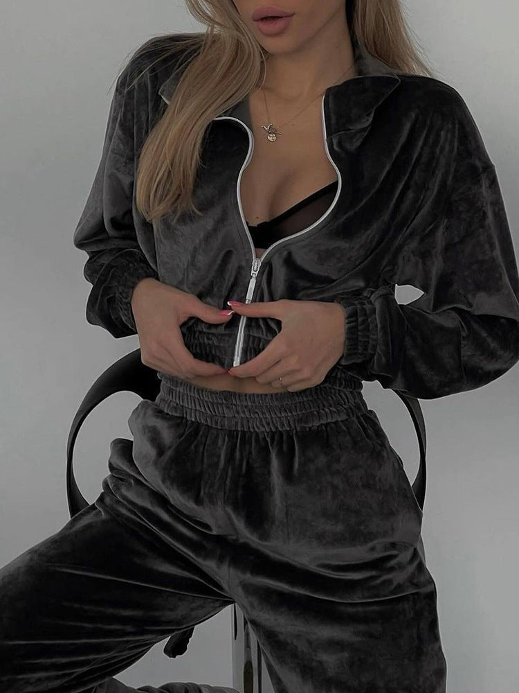 Damen Freizeit-Loungewear-Set aus samtigem Material mit hohem Kragen und Reißverschluss R&B