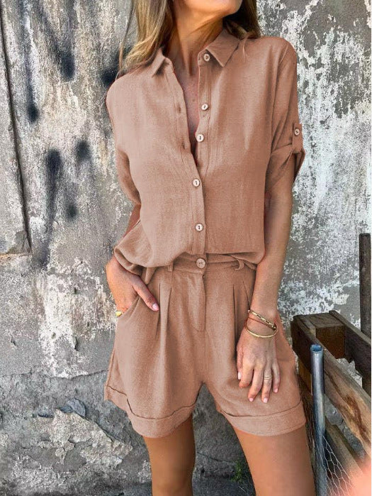 Damen Lässiges Jumpsuit-Set mit knöpfbarem Oberteil und elastischem Taillenzug R&B
