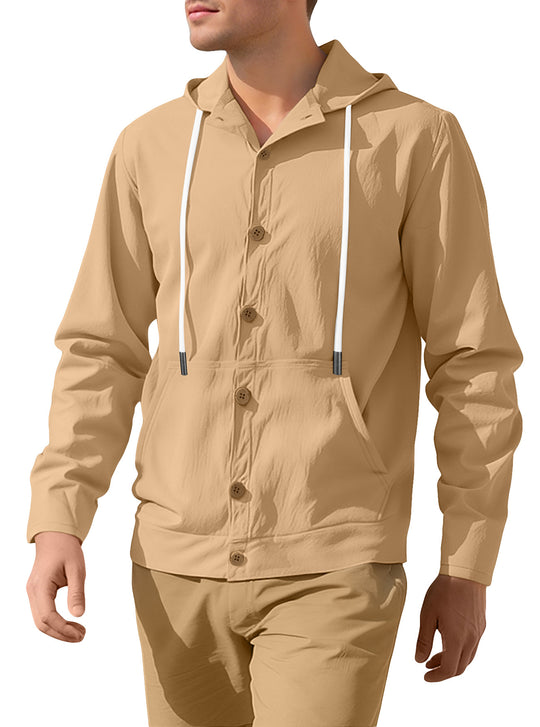 Herren nan schlanker Kapuzen-Cardigan mit durchgehender Knopfleiste aufgesetzter Kängurutasche und leichtem Strukturstrick R&B