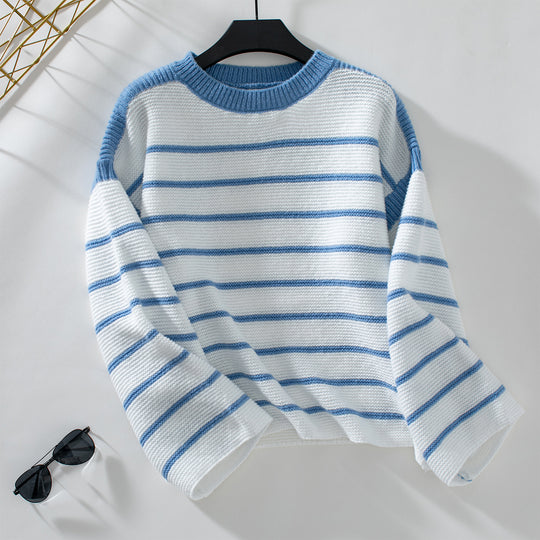 Damen lässiger Strickpullover mit blockierendem Streifenmuster und weitem Schnitt R&B