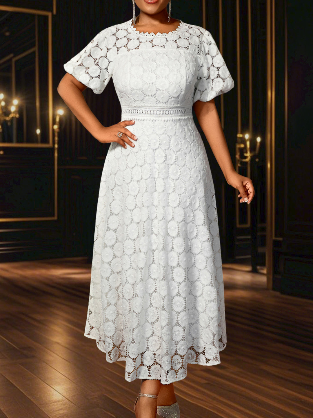 Damen Midi-Kleid mit eleganter Spitzenapplikation und Puffärmeln R&B