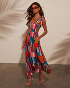 Damen Maxi-Kleid mit buntem Mosaik-Design R&B