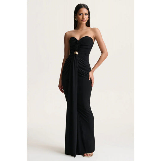 Damen Elegantes langes Abendkleid mit gerafftem Oberteil und goldener Schnalle R&B
