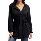 Damen lässige Oversized-Hemdjacke mit Kapuze und Taillenzug R&B