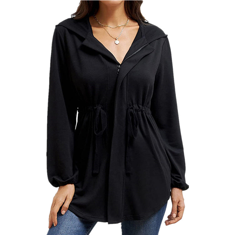 Damen lässige Oversized-Hemdjacke mit Kapuze und Taillenzug R&B
