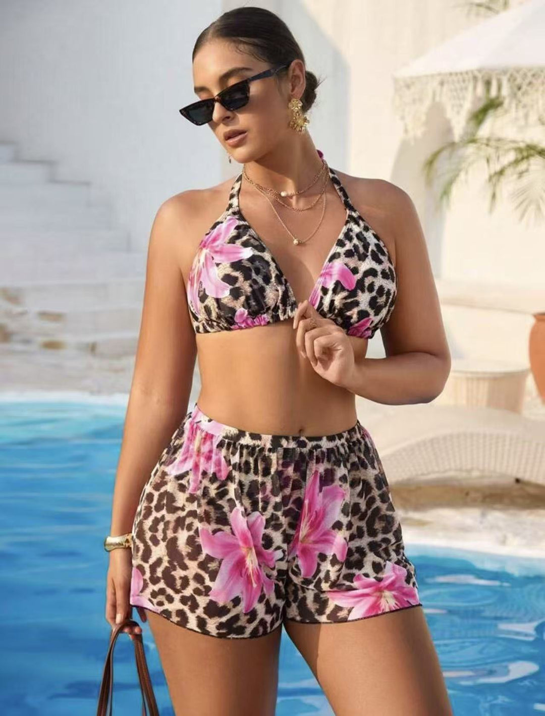 Damen Bikini-Set mit modischem Tiermuster und hoch taillierten Shorts R&B