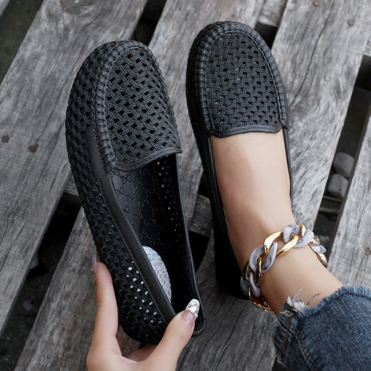 Damen geflochtene Slipper mit elastischem Einsatz R&B