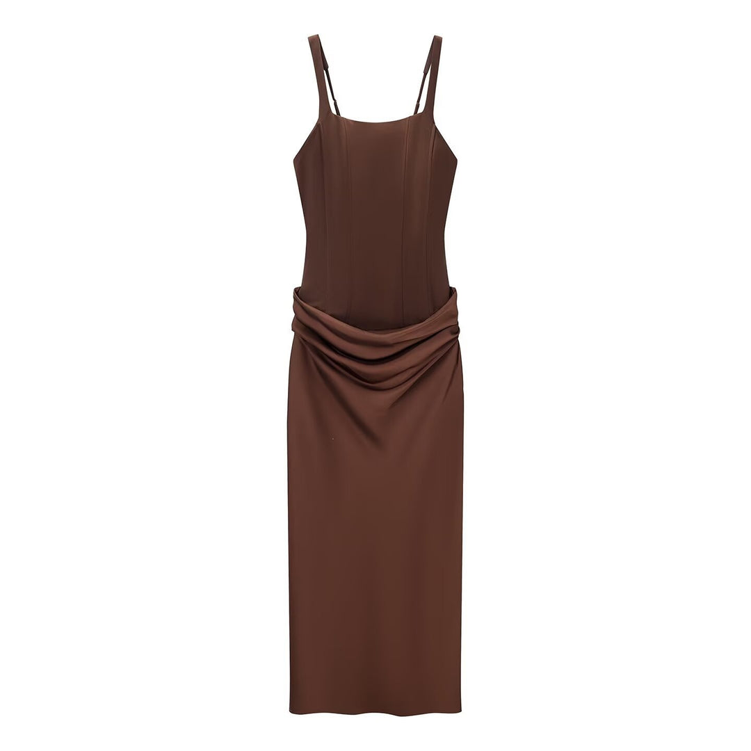 Damen elegantes Midikleid mit raffinierten Drapierungen und verstellbaren Spaghettiträgern R&B