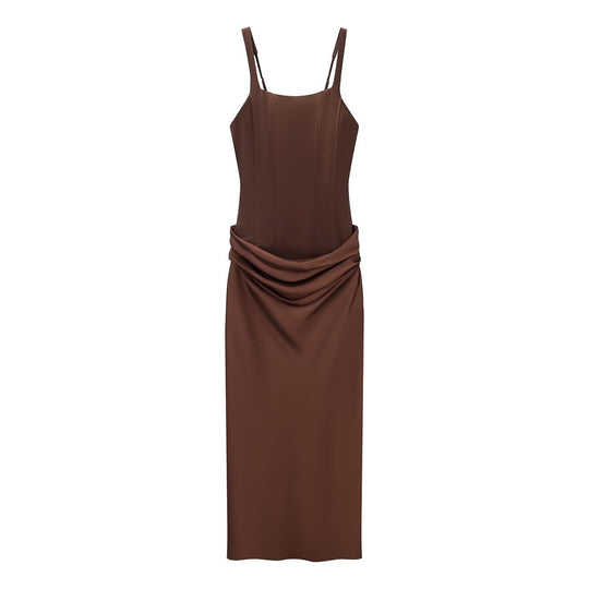 Damen elegantes Midikleid mit raffinierten Drapierungen und verstellbaren Spaghettiträgern R&B