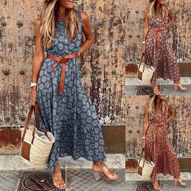 Damen Bohemian Maxi Kleid mit verstellbarem Gürtel R&B