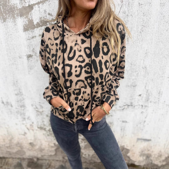 Damen Kapuzenpullover mit lässigem Leopardenmuster und praktischen Seitentaschen R&B