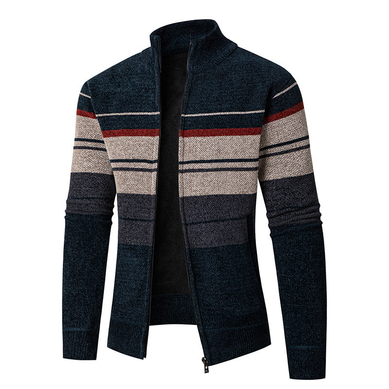 Herren modische Strickjacke mit kontrastierenden Streifen und hochabschließendem Kragen R&B