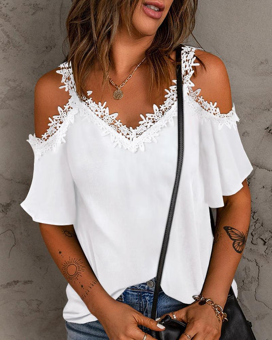 Damen Bluse mit Spitzendetails und schulterfreiem Design R&B